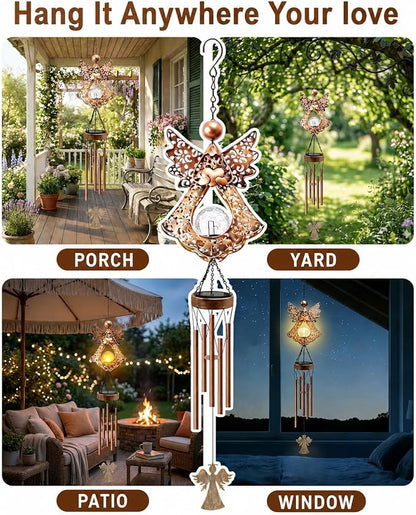Angel Solar Wind Chimes for Outside: Metal Outdoor Memorial Decor | Easy Hanging for Garden Patio Tree Window - Melodious Birthday Gifts for Women Mom Grandma