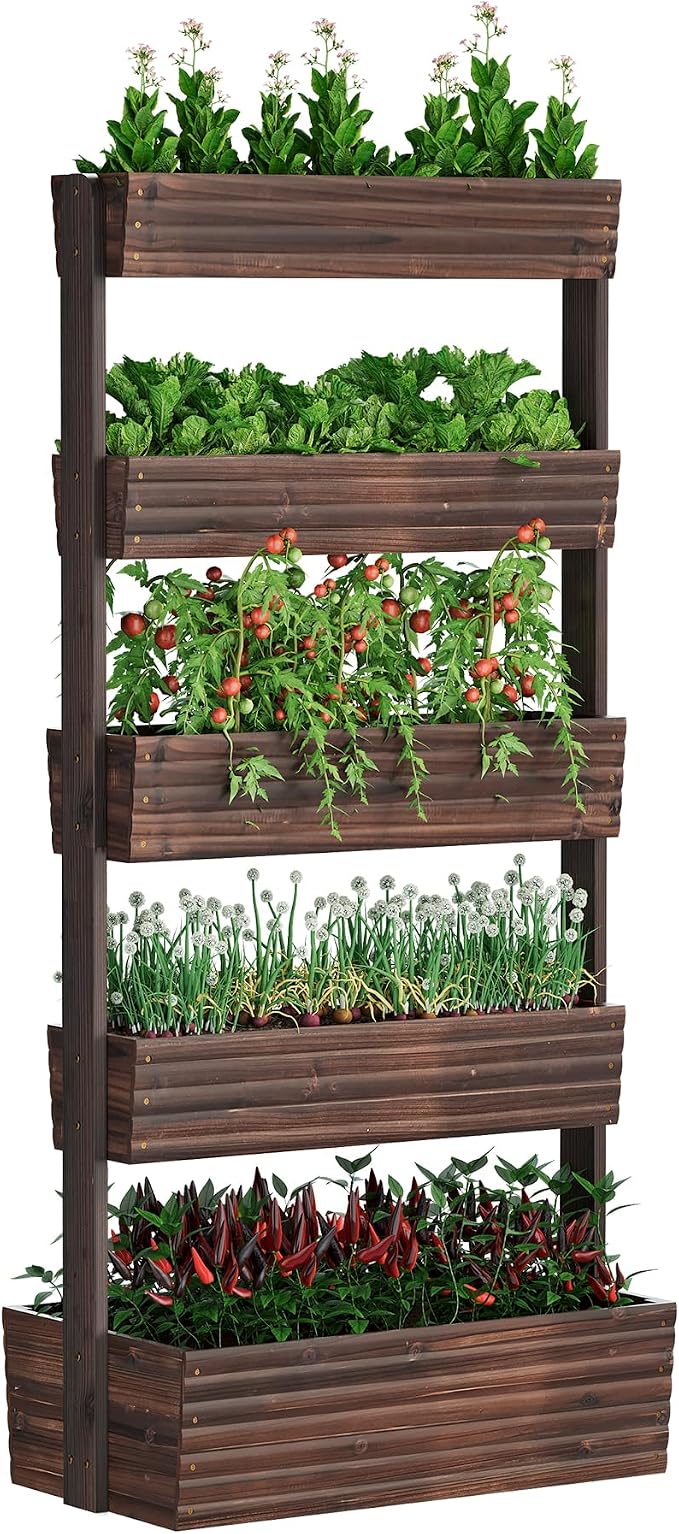Wooden Raised Garden Bed Vertical Planter Box, Freestanding Plant Stand for Indoor Outdoor Plants, Herbs, Flowers, Vegetables, Gardening (Carbonized, 5-Tier，29.9 x 17.9 x 68in)