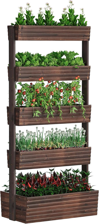 Wooden Raised Garden Bed Vertical Planter Box, Freestanding Plant Stand for Indoor Outdoor Plants, Herbs, Flowers, Vegetables, Gardening (Carbonized, 5-Tier，29.9 x 17.9 x 68in)