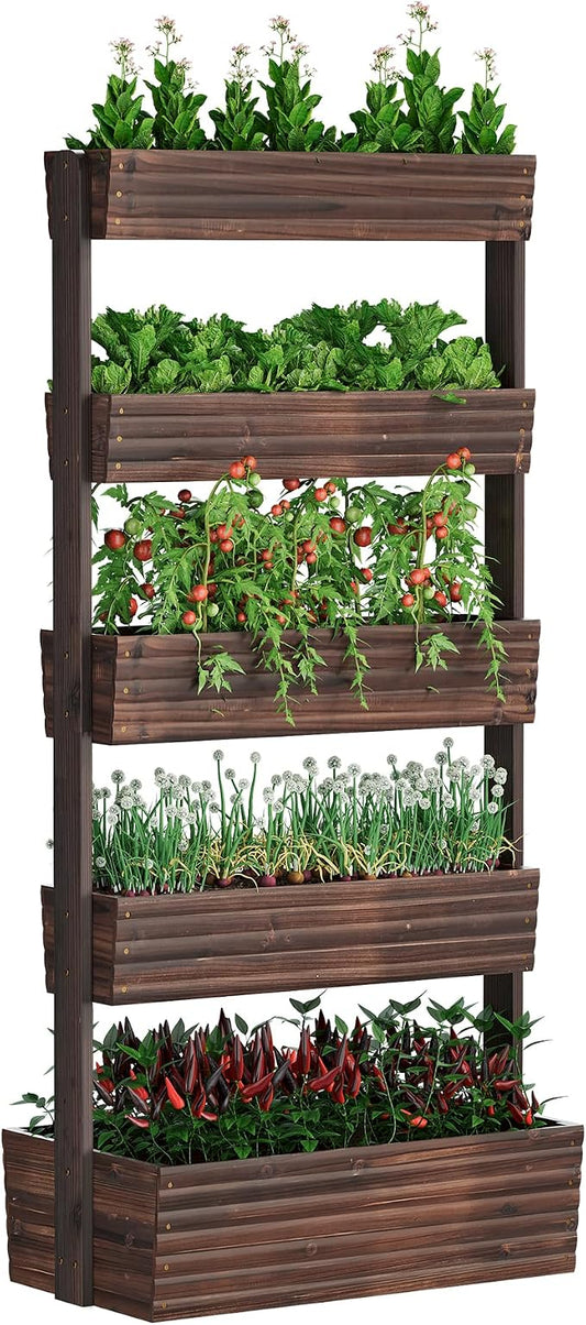 Wooden Raised Garden Bed Vertical Planter Box, Freestanding Plant Stand for Indoor Outdoor Plants, Herbs, Flowers, Vegetables, Gardening (Carbonized, 5-Tier，29.9 x 17.9 x 68in)