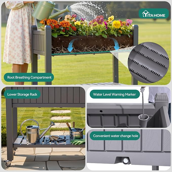 YITAHOME 3.6x1.5x2.8 FT Elevated Garden Bed Kit with Legs and Wheels, Outdoor Large Resin Planter Box Stand with Drain Plug and Storage Shelf for Plants Vegetables Fruits, Light Brown