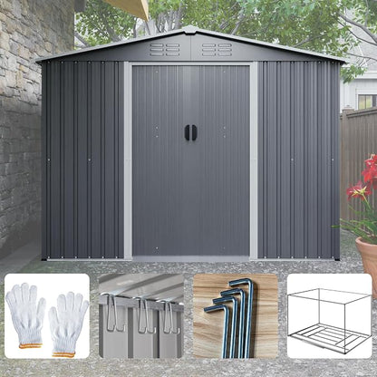 YOPTO 8X6 FT Outdoor Storage Shed with Roof,Waterproof House Tool Cabinet W/Metal Foundation & Lockable Doors,for Shovels,Umbrellas,Antennas,Escalators,Gray