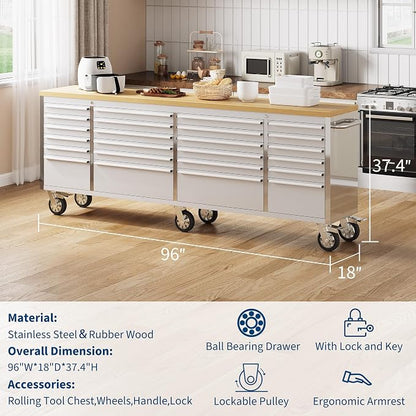 96 Inch Tool Chest, Rolling Tool Cabinet with 24 Drawers, Locking Mobile Storage, Stainless Steel, Large Capacity for Garage, Workshop and Repair Shop