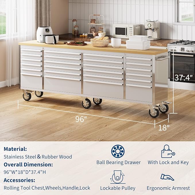 PeakPursuit 96" Rolling Tool Chest with 24 Drawers, Solid Rubber Wood Workbench Top, Locking Wheels & Key Lock, Mobile Garage Storage Cabinet for Workshop Organization, Silver