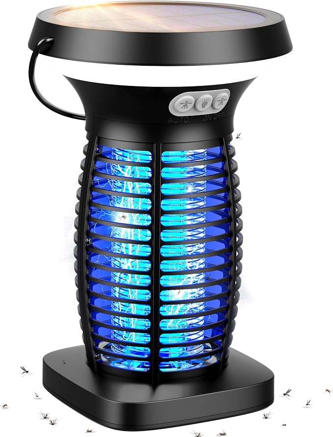 Solar Bug Zapper Outdoor, UV Mosquito and Fly Zapper with Auto Mode, Rechargeable Cordless Electric Insect Trap, Waterproof Bug Light for Patio Backyard Porch Camping