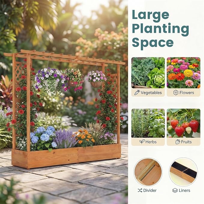 HAPPYGRILL Raised Garden Bed with Trellis, Freestanding Wood Planter Box w/Hanging Roof & Drainage Holes for Vine, Climbing Plants, Flowers, Outdoor Planter with Trellis for Garden, Patio, Yard (1)