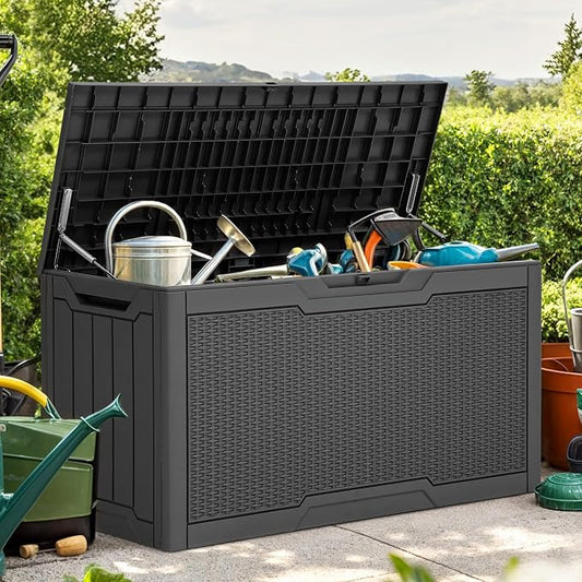 YITAHOME 80 Gallon Resin Deck Box | Weather Resistant Outdoor Rattan Storage Box, Lockable Indoor Outdoor Storage for Supplies and Essentials, Dark Gray