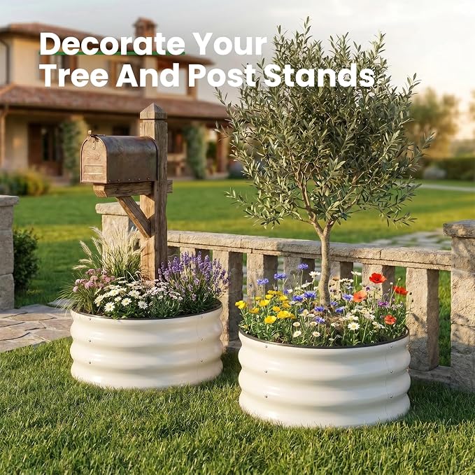 WILLOW WEAVE 4 Pcs Round Raised Garden Bed Outdoor, 2x2x1ft Circle Garden Bed, Galvanized Raised Planter Box for Gardening, Metal Raised Beds for Flower, Vegetable, Herb, White