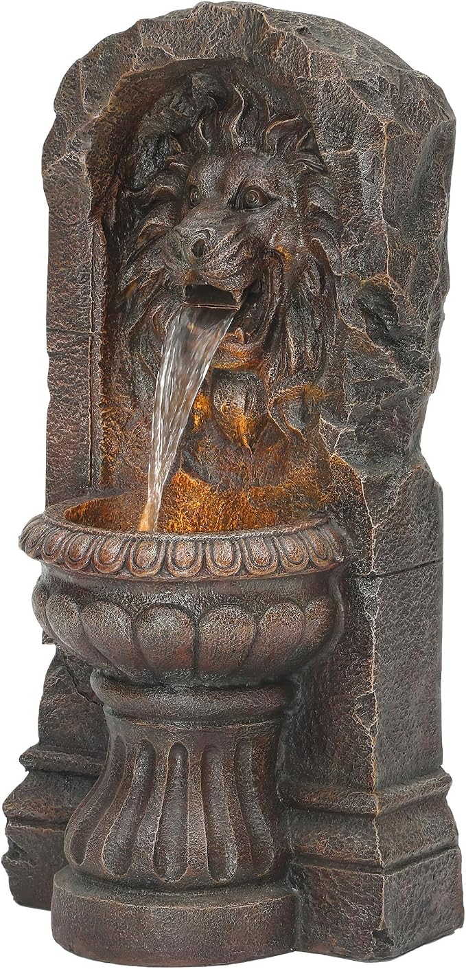 AUTODAYA 30" Lion Head Outdoor Fountain LED Cascading Waterfall, Bronze | Rustic Stone Pedestal,faux bronze granite texture,garden patio yard decor