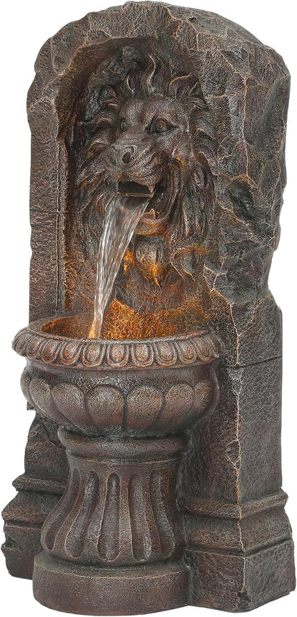 AUTODAYA 30" Lion Head Outdoor Fountain LED Cascading Waterfall, Bronze | Rustic Stone Pedestal,faux bronze granite texture,garden patio yard decor