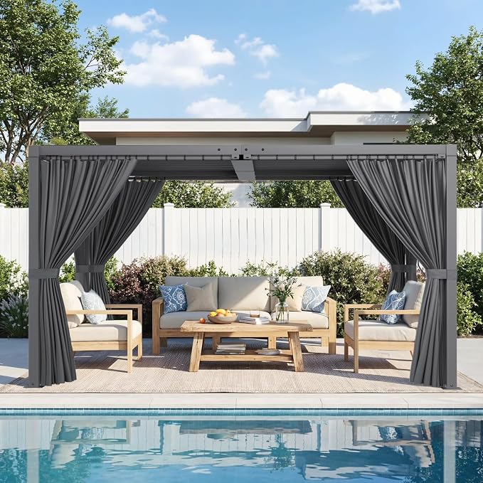 Louvered Pergola 10' x 13' with Waterproof Curtains, Outdoor Aluminum Pergola with Reinforced Steel Roof, Heavy-Duty Hardtop Gazebo, Privacy Shaded Shelter, Gray