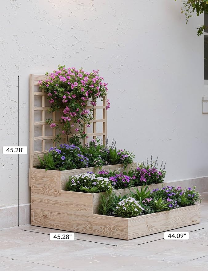 Vertical Wooden Garden Planter with Trellis – 3-Tier Raised Bed for Climbing Plants, Vegetables, Herbs & Fruits – Open Base Design for Improved Drainage – Ideal for Patio, Deck, or Backyard