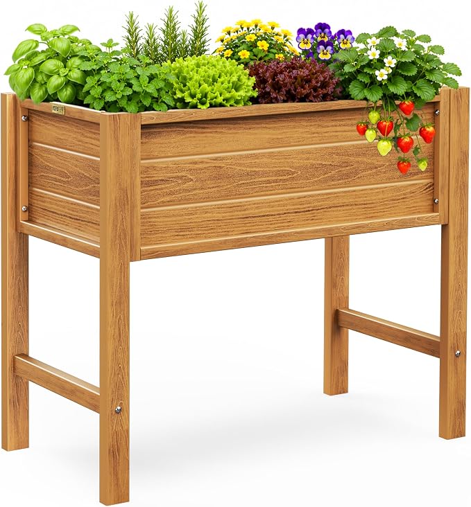 YEFU Raised Garden Bed with Legs: Compact Waterproof HDPS Outdoor Elevated Planter Box with Drainage Holes - 34x18x30 Inch for Patio/Balcony to Grow Vegetables/Herbs - 385 lbs Capacity, Teak