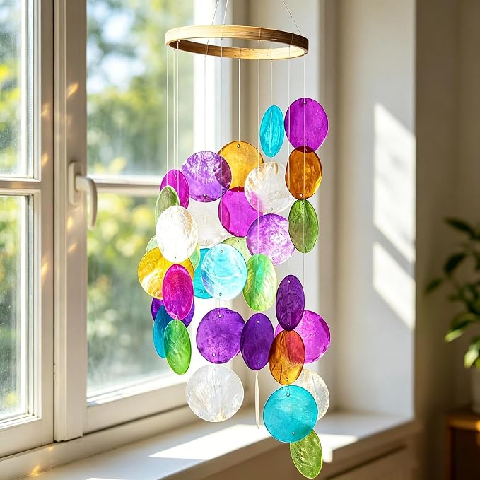 YU FENG 19.6 Inch Capiz Seashell Wind Chimes, Coastal Garden Decor | Hand Painted Metal Mobile, Rainbow Shell Design, Outdoor Hanging Ornament, Patio Yard Home Window Decoration
