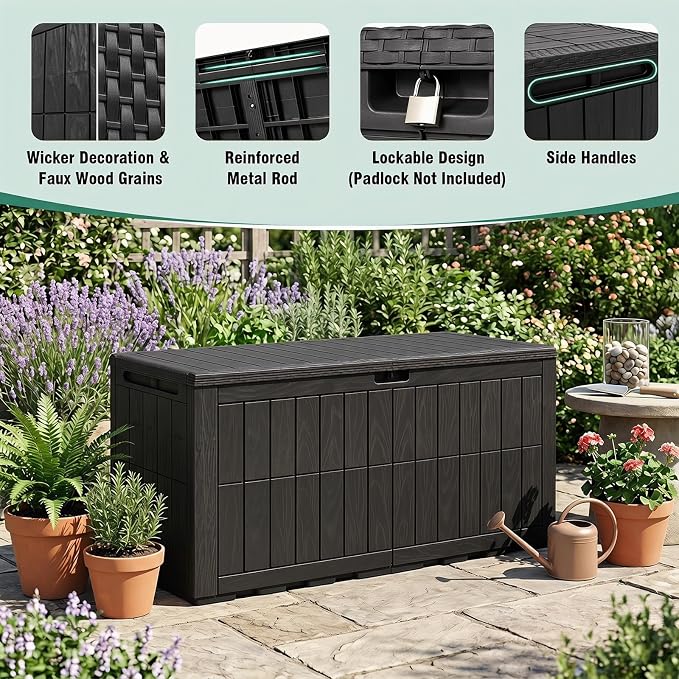Tangkula 100 Gallon Outdoor Storage Box, Waterproof PP Resin Patio Storage Box with Lockable Lid for Indoor & Outdoor Use, 2-in-1 Rattan Design Deck Box for Cushions, Garden Tools