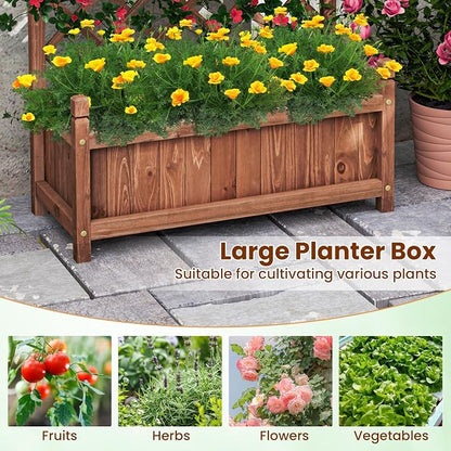Giantex Raised Garden Bed with Trellis, 60” Wooden Planter Container with Drainage Holes, High Trellis for Plant Flower Climbing Pot Hanging, Indoor & Outdoor Planter Box for Yard Garden Balcony
