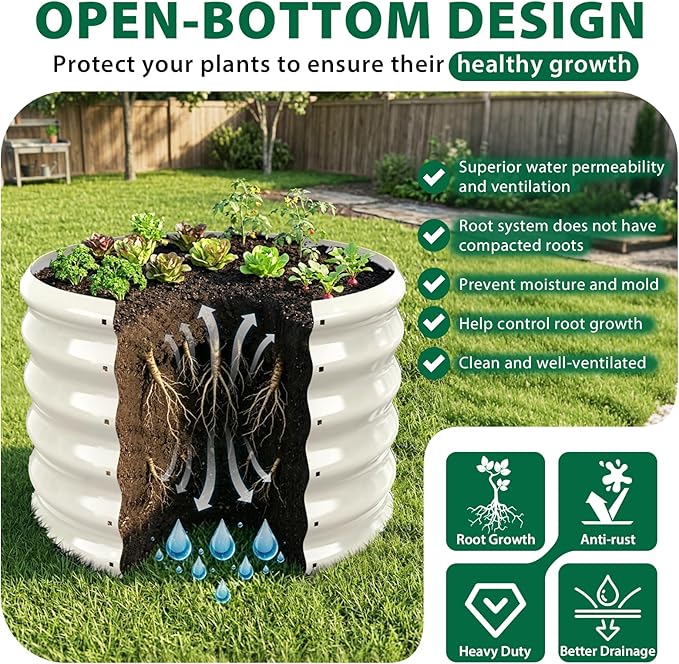 24" Diameter Round Raised Garden Bed - 17 Inch Tall, Heavy-Duty Galvanized Steel Planter Box with Wave-Shaped Panels for Vegetables, Herbs & Flowers (1, White, 24 Inch Diameter)