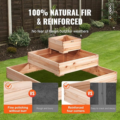 VEVOR 3 Tier Raised Garden Bed Wood Outdoor, 45 x 45 x 20in High End Natural Fir Wood Planter Box, Outdoor Planting Boxes for Flowers/Vegetables/Herbs in Backyard/Garden/Patio/Balcony, with Open Base