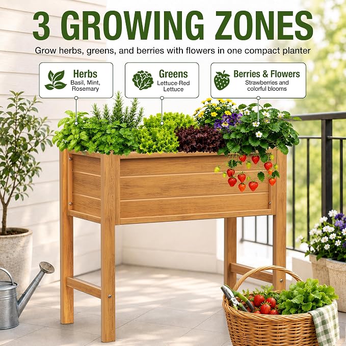 YEFU Raised Garden Bed with Legs: Compact Waterproof HDPS Outdoor Elevated Planter Box with Drainage Holes - 34x18x30 Inch for Patio/Balcony to Grow Vegetables/Herbs - 385 lbs Capacity, Teak