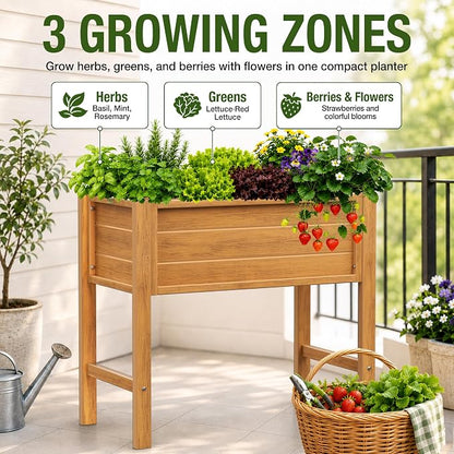 YEFU Raised Garden Bed with Legs: Compact Waterproof HDPS Outdoor Elevated Planter Box with Drainage Holes - 34x18x30 Inch for Patio/Balcony to Grow Vegetables/Herbs - 385 lbs Capacity, Teak