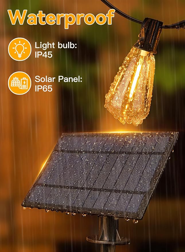 Ollny 25+2 LEDs ST38 Solar String Lights for Outside, 50 FT USB & Solar Dual Charging Outdoor String Lights, 3 Modes 5 Timers 10 Brightness 2200K Waterproof Patio Light for Porch Garden Camping