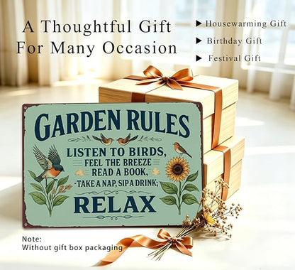 Garden Rules Metal Sign, Vintage Relax Garden Wall Art with Bird Sunflower, Retro Outdoor Decor Plaque for Patio Porch Yard She Shed Greenhouse Home Garden Decor 8x12 Inch