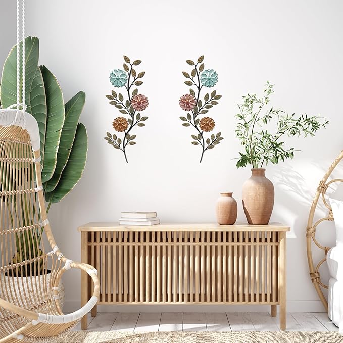 MorningRo 2 Pcs Metal Flower Leaves Wall Art Spring Wall Decor Living Room, 15.75 Inch Vintage Rustic Branch Leaf Wrought Iron Scroll Art Decor for Summer Bedroom Indoor Outdoor Decorations(Colorful)