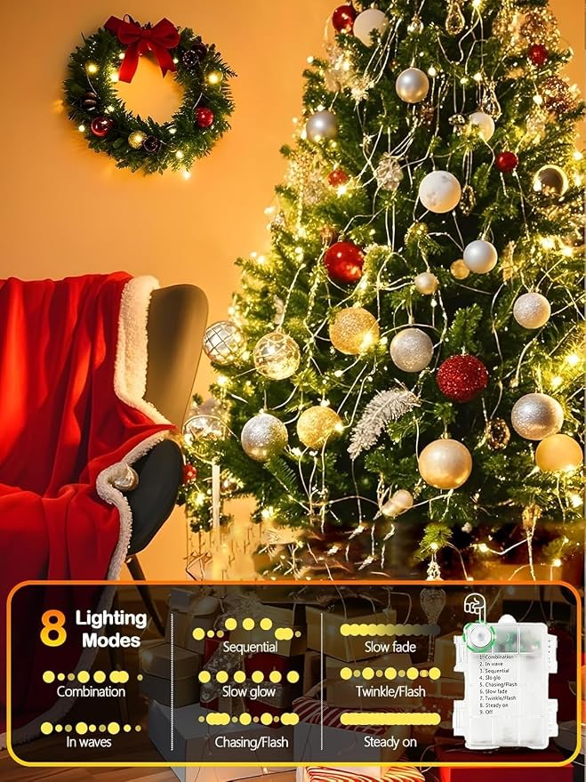 4 Pack Fairy Lights Battery Operated with Remote 33FT 50LED Warm White | Remote Control, 8 Modes, Timer, Adjustable brightness, Waterproof Lights for Indoor Outdoor Classroom Christmas Decor