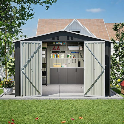 YOPTO 10x10 FT Outdoor Storage Shed,Large Metal Tool Sheds with Updated Frame Structure and Lockable Doors, Garden Shed for Backyard Patio Lawn, Black