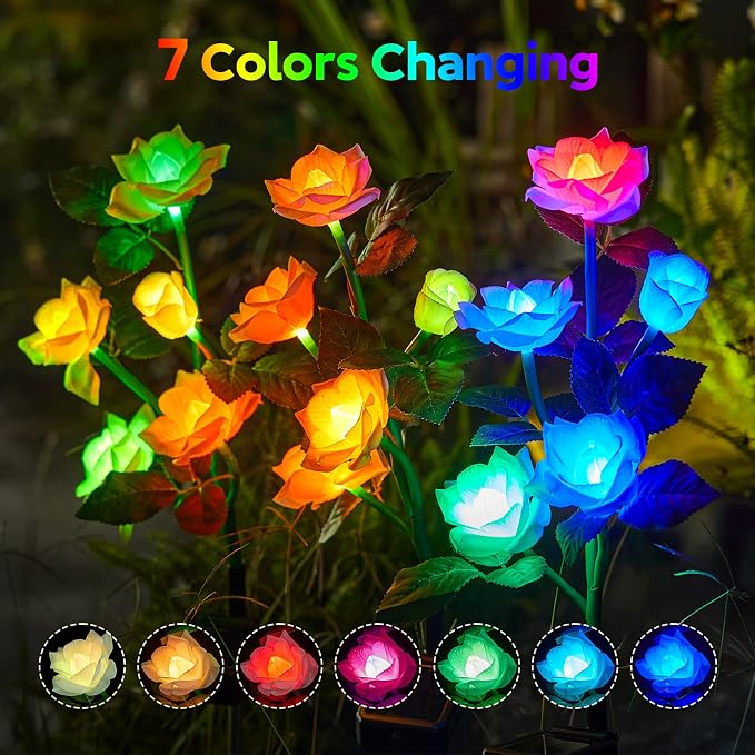 RECHOO Solar Garden Lights Outdoor, 10 Pack Solar Flower Lights with 50 Rose Flowers, Multi-Color Changing LED Waterproof Garden Decor for Landscape Pathway, Gifts for Women