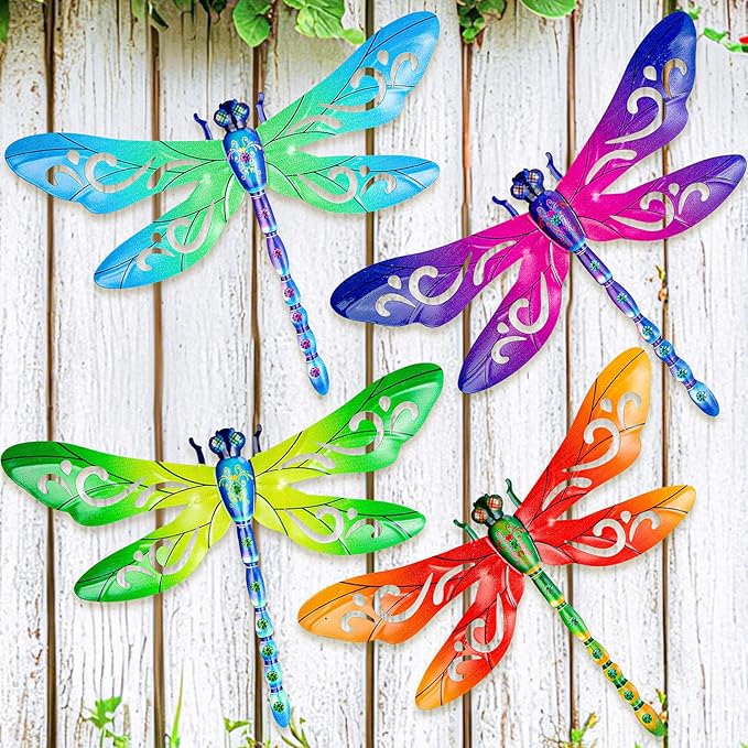 SUNREEK Metal Dragonfly Wall Decor, 12 Inches Dragonfly Outdoor Wall Art for Fence Garden Yard Patio Decorations