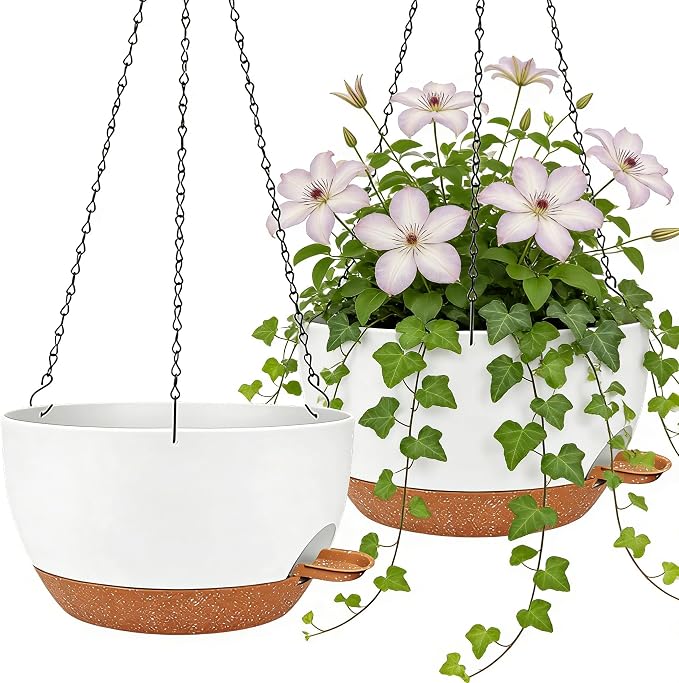 12" Self Watering Hanging Planters with Chains, White Brown, 2 Pack | 43 Oz removable self-watering reservoir, for indoor/outdoor plants, patio & garden