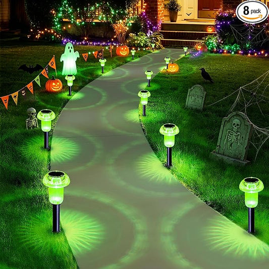Priddop Solar Halloween Lights Outdoor Waterproof 8 Pack Green LED Mushroom | Yard Pathway Garden Decorative Patio Landscape Path Walkway Spike Pattern Acrylic Cap ABS Stake Outside Halloween Decor