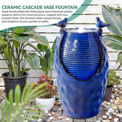Autodaya 25" Ceramic Outdoor Fountain, Honeycomb Jar Design with LED | Bird-Friendly Decorative Garden Water Feature with ambiant lighting, Soothing Trickling Waterfall for Patio Backyard Oasis