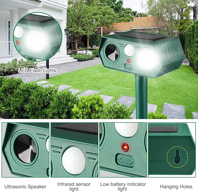 2025 Solar Animal Repellent,Upgraded Ultrasonic Cat Repellent Outdoor,Waterproof Deer Deterrent for Bird Dog Skunk,Squirrels Deterrent with Motion Detection Flash Lights for House B (2 Pack)