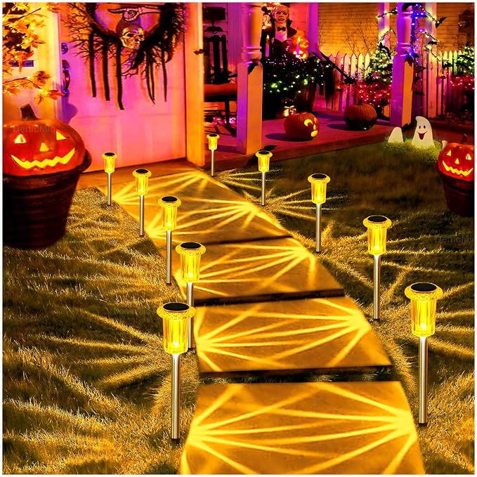DenicMic Solar Halloween Lights Outdoor Fall Decorations Orange LED 10 Pack | Yard Garden Pathway Walkway Patio Diamond-like Style Starburst Light Pattern, Acrylic/Stainless Steel, Autumn/Halloween Decor