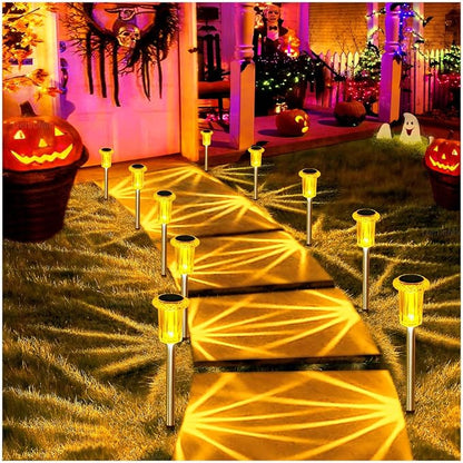 DenicMic Solar Halloween Lights Outdoor Fall Decorations Orange LED 10 Pack | Yard Garden Pathway Walkway Patio Diamond-like Style Starburst Light Pattern, Acrylic/Stainless Steel, Autumn/Halloween Decor