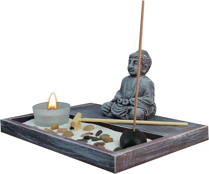 Zen Garden Deluxe Desk Meditation Garden Grey Buddha Statue with Rocks, Tea Light Holder, Rake, Incense and Incense Holder, Sand and Base - Peace & Tranquility (Candle Not Included)