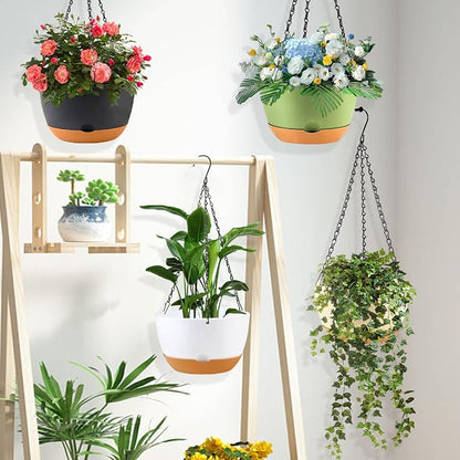 KPUVX 8/10/12 inch Hanging Planters for Indoor Outdoor Plants with Self-Watering Pots, 3 Pack Plastic Hanging Basket with Removable Tray for Home Garden Porch Balcony Patio Decor(White)
