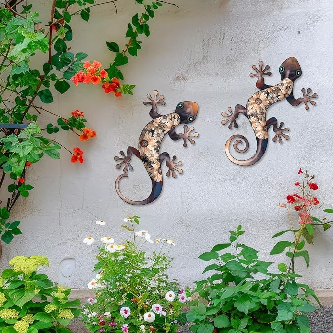 Metal Gecko Wall Art Decor -11.8 inch Black Metal Gecko Wall Hanging Sculpture Decorations for Indoor or Outdoor, Garden Yard Fence Porch Exterior Wall Decor (Set of 2)