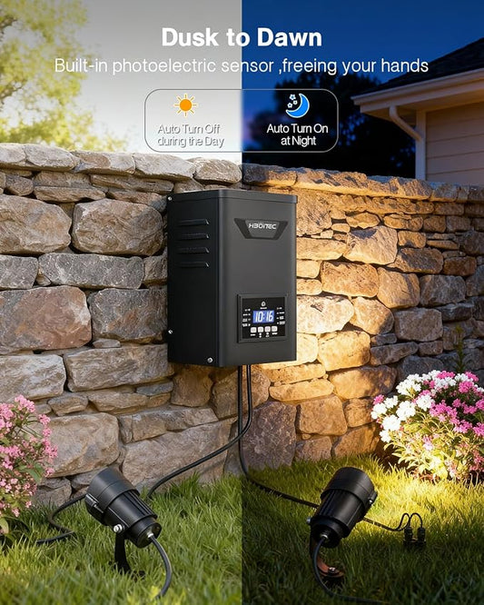 HIBOITEC 24 Packs Low Voltage Landscape Lights Kit with 400W Transformer, Dusk to Dawn & Timer, 12W 2900K Waterproof LED Outdoor Spotlights for Yard Garden Tree House Uplighting, Wire Sold Separately