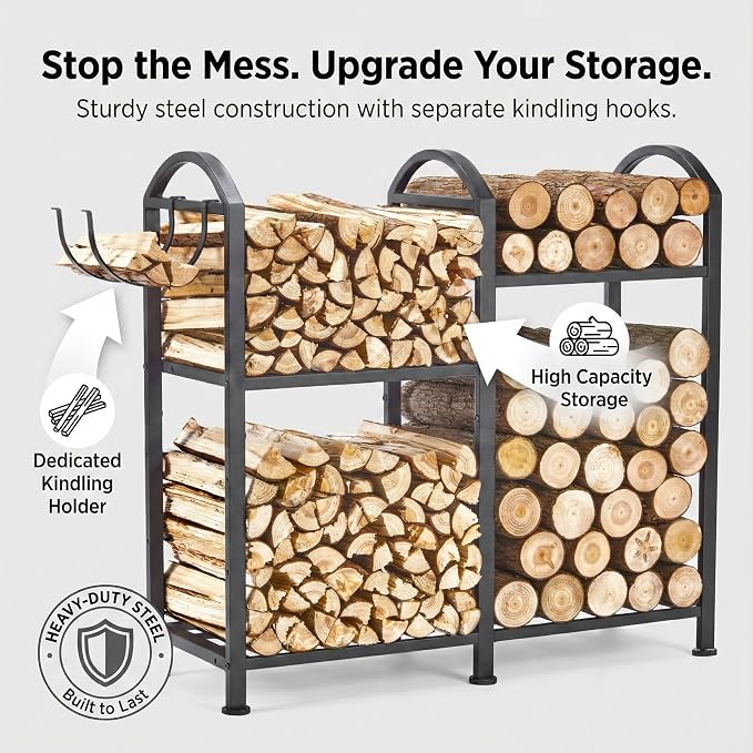 Firewood Rack Indoor Outdoor With Hooks, 31inch Firewood Rack, 2-Tier log holders for firewood outdoor, Fireplace Wood holder Indoor, Adjustable Small Fire Wood Storage