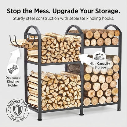 Firewood Rack Indoor Outdoor With Hooks, 31inch Firewood Rack, 2-Tier log holders for firewood outdoor, Fireplace Wood holder Indoor, Adjustable Small Fire Wood Storage