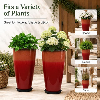 Neoaider Set of 2 Tall Planter, 21 inch Large Plastic Planter, Firey Red | Ceramic-Look, Lightweight, Built-in Drain Hole, Saucers, Tall Outdoor Planter for Porch, Garden, Patio, Balcony