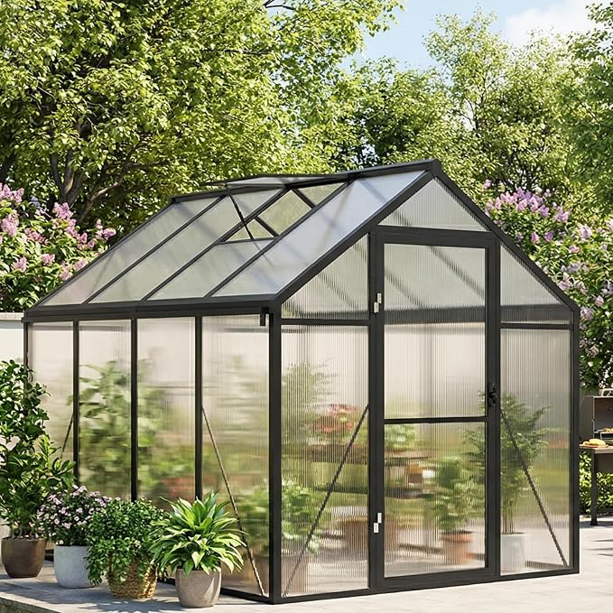 Garvee 6x8ft Walk-in Greenhouse, Heavy Duty Large Outdoor Green House | Polycarbonate Garden Greenhouse with Roof Vent, Lockable Outward-Opening Swing Door & Aluminium Frame for Backyard, Grey
