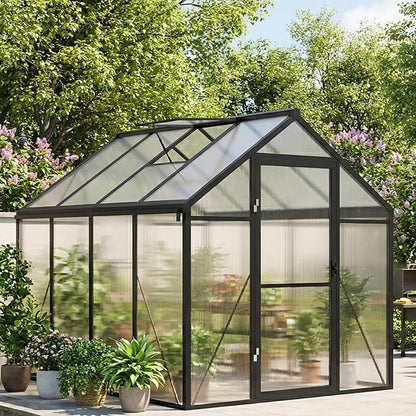Garvee 6x8ft Walk-in Greenhouse, Heavy Duty Large Outdoor Green House | Polycarbonate Garden Greenhouse with Roof Vent, Lockable Outward-Opening Swing Door & Aluminium Frame for Backyard, Grey