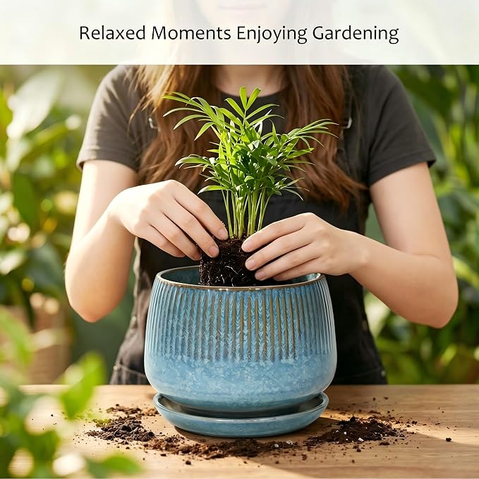 10.3 Inch Ceramic Planter with Saucer,Modern Garden Pots with Drainage Hole Mesh Net, for Indoor Outdoor Use(Crackle Blue)