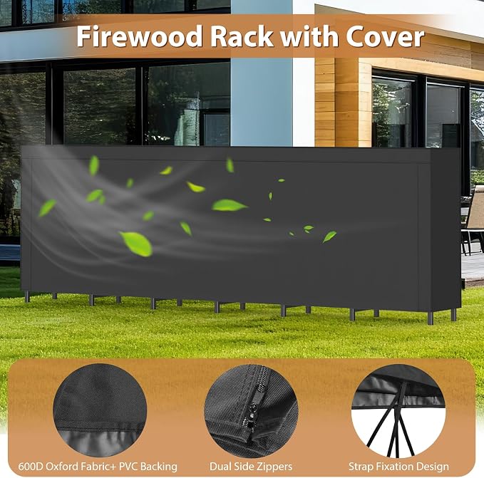 CADUKE 8ft Firewood Rack with Cover, Heavy Duty Fire Wood Rack Outdoor & Indoor, Firewood Storage Log Rack with Weather Resistant 600D Oxford Fabric Cover