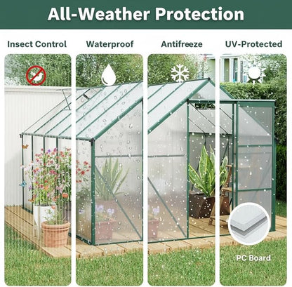 6x8 FT Greenhouse, Walk-in Polycarbonate Greenhouses with Sliding Doors, Aluminum Frame, Adjustable Roof Vent, Raised Base & Anchor, Outdoor Backyard Greenhouse for All Seasons, Green