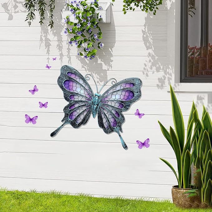 Hanging Purple Metal Butterfly Outdoor Decor Art, 11"×9.4" | Hanging glass & metal sculpture, indoor & outdoor decor, butterfly decoration for garden yard patio bathroom